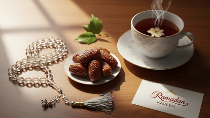 Ramadan themed still life with dates and tea on wooden table.