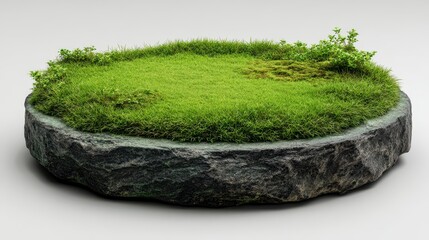 A small, circular landmass of lush green grass and vegetation atop a rough-hewn stone base. The environment is well-lit and isolated on white