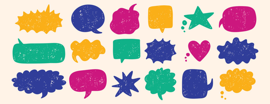 text boxes and speech bubbles with grunge crayon or color chalk texture set. Retro vintage illustration on a white background.