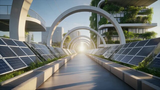Grounded solar walkway with circular archways and green terraces