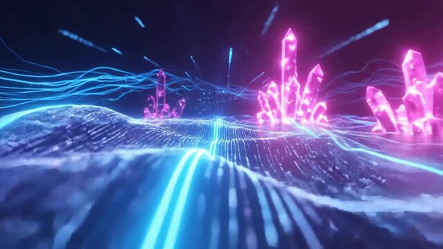 Abstract landscape with glowing blue waves and pink crystal formations.