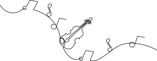 Minimalist one-line art of a violin surrounded by flowing music notes, perfect for classical music logos, concert posters, and elegant branding.