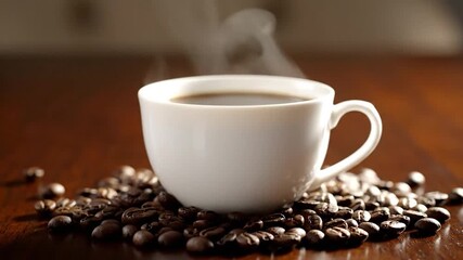 A white cup of hot coffee sits on a pile of roasted coffee beans - Powered by Adobe