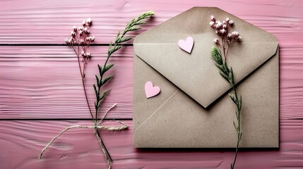Romantic love letter envelope adorned with paper hearts on a soft pink background for celebrations