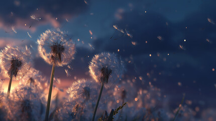 Dandelions with tiny dandelion seeds floating in the wind and stunning sunset pink and blue sky on the blurred background 