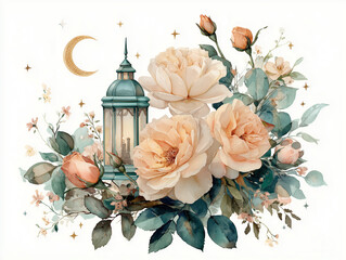 Beige blooming roses surrounded by green leaves with a lantern and stars around a crescent moon in pastel colors on white background as a postcard design for Ramadan
