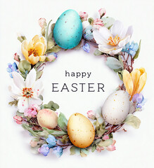 Watercolor postcard design of Easter wreath with eggs and blooming flowers in pastel colors on white background and text in the middle "happy Easter" 