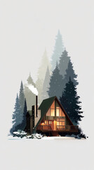 A cozy wooden cabin a-frame house in the forest with smoke rising from the chimney in the calm winter evening