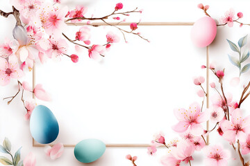 Wooden thin frame decorated with pink cherry blossom,  small branches and Easter eggs 