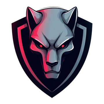 A metallic panther head sits centered on a dark shield, eyes glow red, chrome finish reflects, sharp contours and neon red rim lighting suggest a modern emblem.