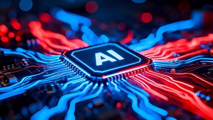 AI chip with glowing circuitry - Powered by Adobe
