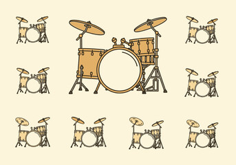 An arrangement of ten stylized tancolored drum kits on a pale yellow background