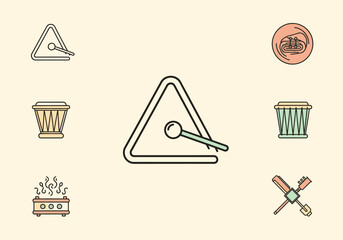 An illustration displaying various musical instruments and related icons on a beige background