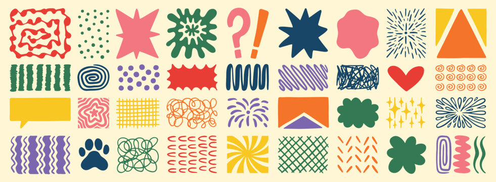 Retro shapes elements set. Abstract paw, star, flower, shapes and stickers. Groovy funky bubble, star, print, lines, waves. Trendy retro 60s, 70s or 90s cartoon colorful style. 