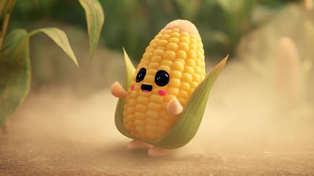 Cute Cartoon Corn Character, A cute cartoon corn character with a smiling face, green husk, and bright yellow kernels, set against a colorful background