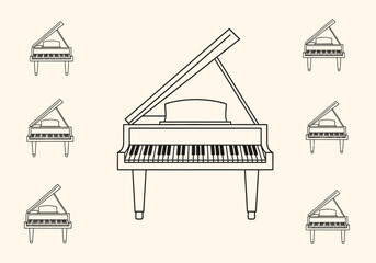 Black and white line art of a large central grand piano surrounded by six smaller ones