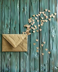 Decorative love letter envelope adorned with paper hearts on a romantic pink background