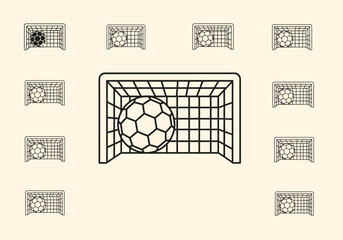 Black and white line art of soccer goals and balls in various sizes