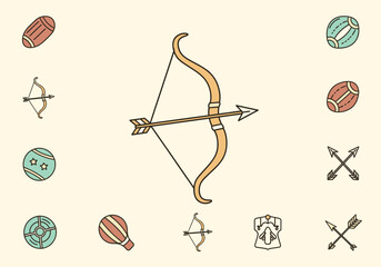 Cartoonstyle archery and sports icons arranged around a large bow and arrow