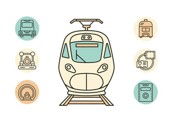 Central illustration of a modern train front flanked by six circular icons