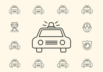 Black outline icons related to law enforcement featuring police cars a badge and a steering wheel