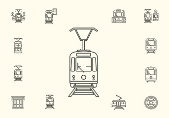 Collection of black and white line art icons depicting various trams and transit elements