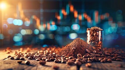Cocoa and coffee beans on wooden surface with stock market graph showing commodity trading trends
