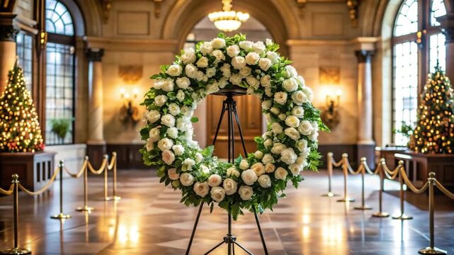 Large white rose wreath on a stand in a grand, ornate hall with festive Christmas trees for remembrance concept and solemn tribute