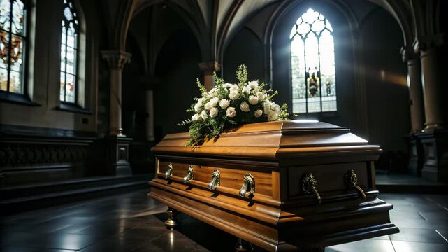 Elegant wooden casket with white flowers resting in a dimly lit gothic church for funeral service concept and solemn remembrance