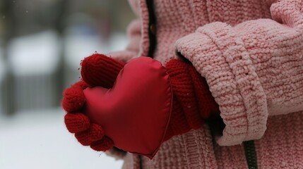 Valentine s day greetings  women s hands in knitted gloves holding a heart on a wintery background