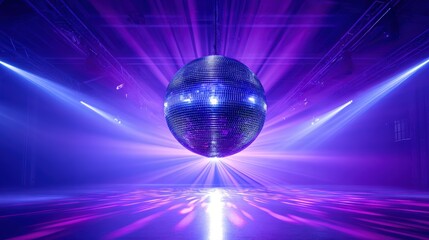 Shimmering disco ball reflecting vibrant purple and blue lights in an empty dance floor, creating a lively atmosphere for a party or celebration event