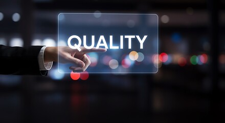 Businessman touching virtual quality button at night city