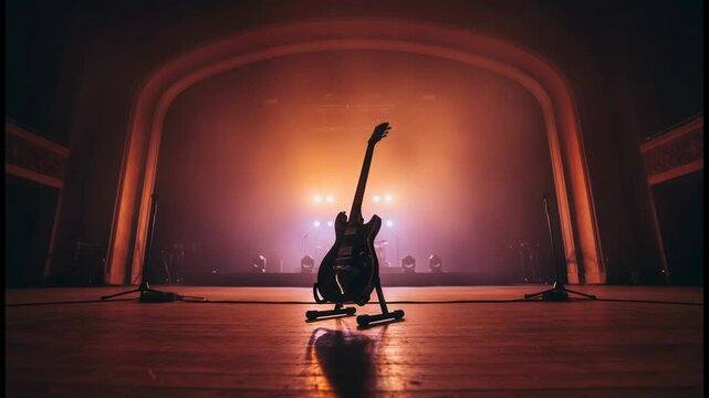 Acoustic stage presence, guitar ready for performance under the vibrant light show