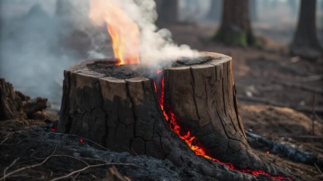 Close up of a smoldering tree stump on fire with smoke in a deforested forest for climate change concept and environmental disaster