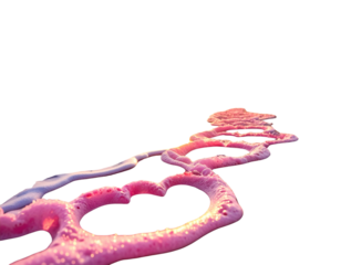 A romantic scene of waves gently forming pink hearts, with the sun setting beautifull 