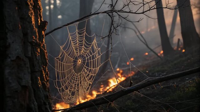 Delicate spider web illuminated by a raging wildfire in a dark, smoky forest for climate change disaster concept and environmental fragility
