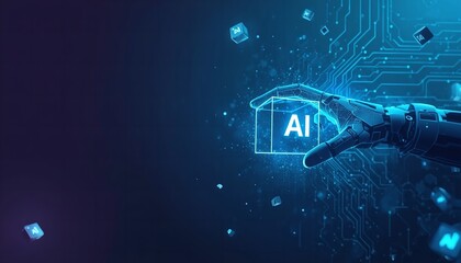 A robotic hand holds a glowing blue AI symbol amidst a futuristic circuit board background with floating cubes