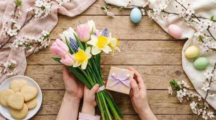 Gift exchange with spring flowers and cookies outdoor garden setting creative lifestyle natural light celebrating friendship and joy