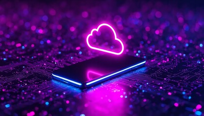 A smartphone with a neon cloud symbol on top, set against a vibrant purple and blue background with circuit board details.
