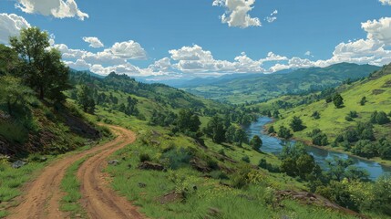 Fototapeta premium A winding dirt road leads into a picturesque valley, revealing rolling green hills, a serene river, and a vibrant blue sky