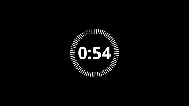 One minute countdown animation with transparent background, countdown timer from 60 seconds to 0 seconds with minute and seconds, One minute countdown timer with alpha channel in 4k.