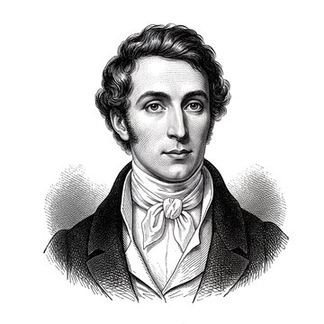 Black and white vintage engraving, closeup headshot portrait of Carl Maria Friedrich Ernst von Weber, the famous historical German classical music opera composer, white background, greyscale