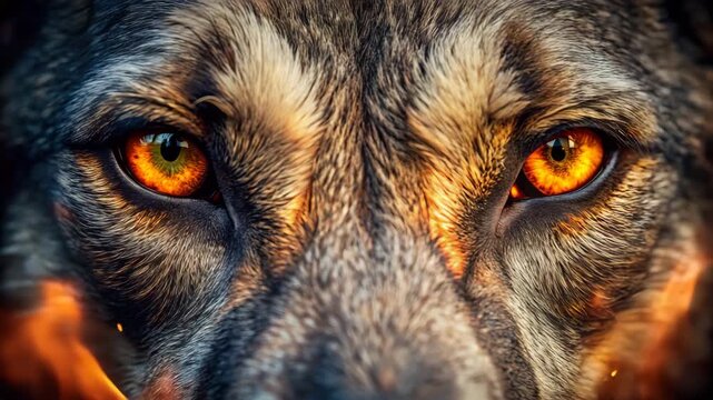 Intense close-up of a wild wolf with glowing orange eyes and surrounding flames for primal instinct concept and powerful determination