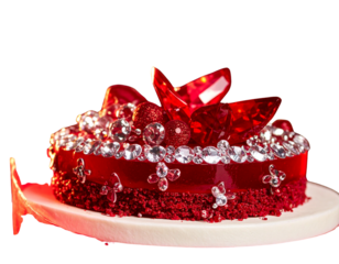 A slice of cake adorned with red gems, diamonds, and rhinestones, creating a luxuriou 