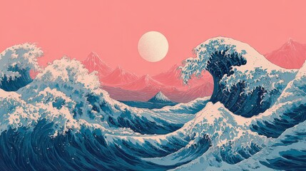 Pixelated artwork portrays cresting ocean waves, a rising sun, and distant mountain ranges under a blush-colored sky. The style evokes a vintage aesthetic