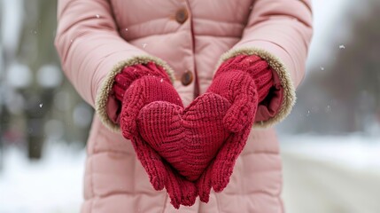 Valentine s day card featuring women s hands in red gloves holding a heart on a wintery background