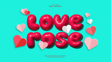 3D glossy bubble text effect Love Rose with paper hearts on turquoise background