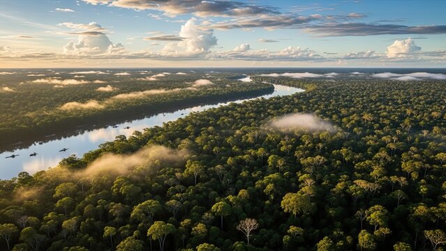 Aerial view of lush Amazon rainforest with winding river and misty clouds at sunrise - Powered by Adobe