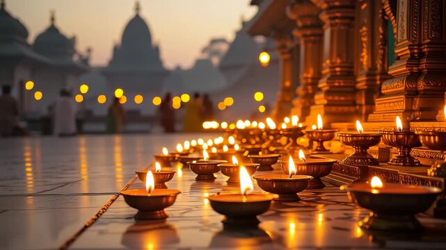 Row of traditional brass oil lamps illuminating a temple pathway at dusk for spiritual worship concept and festive celebration