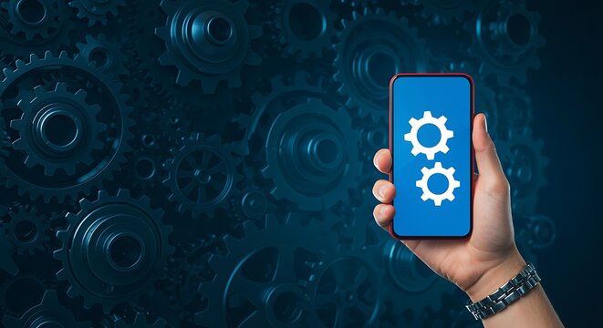 Hand holding smartphone with gear icons on screen in front of gear background - Powered by Adobe